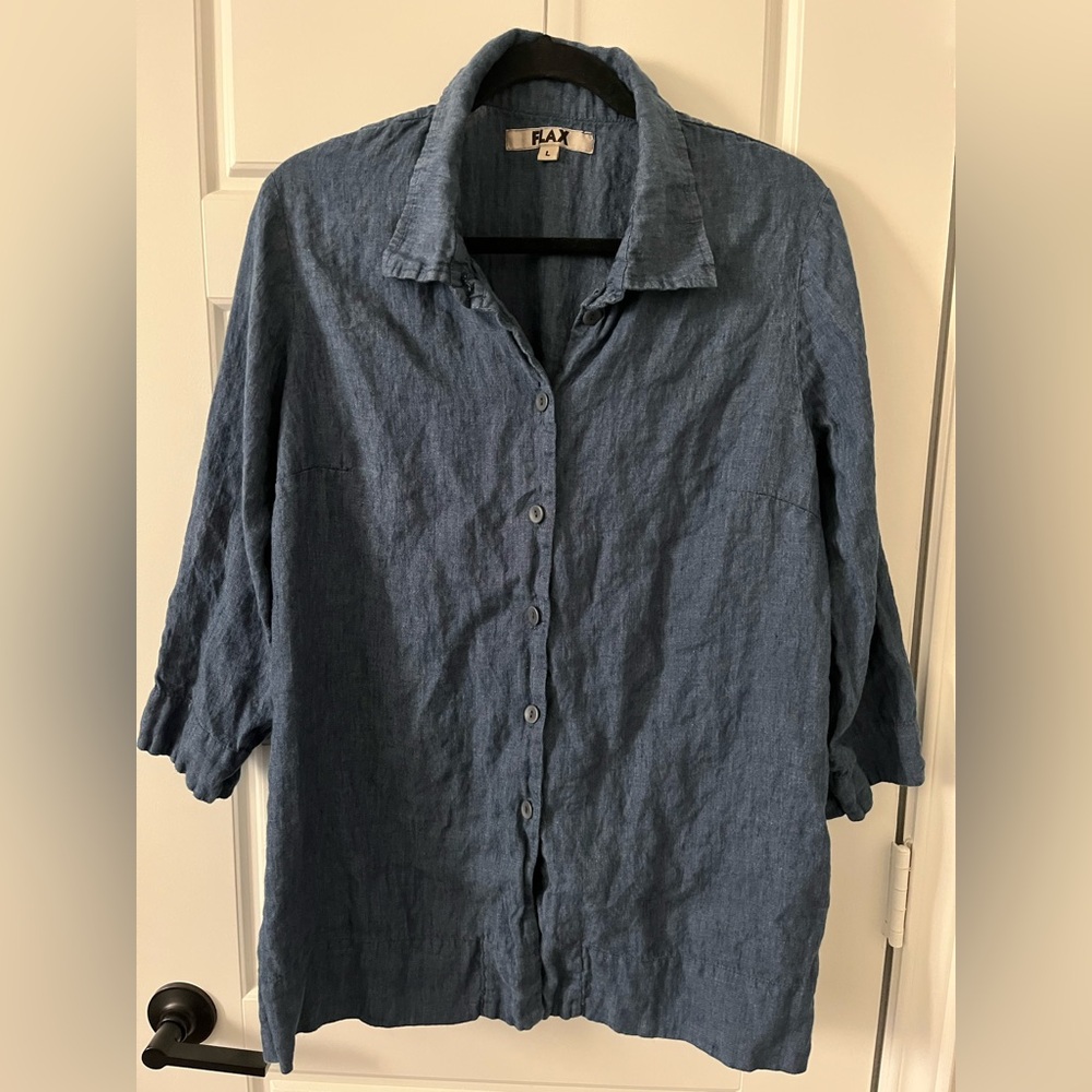 EUC Flax 100% Linen Elbow Length Sleeve Button Up Short Sleeve Navy Blue LARGE